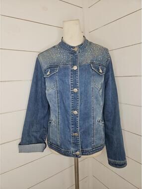 Y2K Baccini blue distressed denim jacket studded with rhinestones